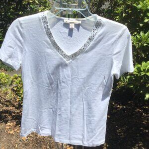 M Collection Beaded Neck Line Short Sleeve White Tee